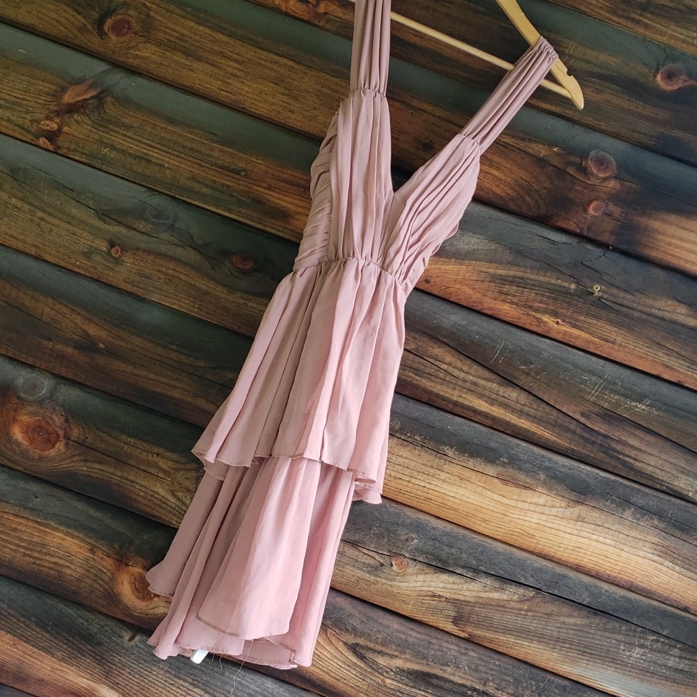 H & M Mauve Rose Tiered Ruffle Dress semi formal X Cross Back sz 8 *tag + snag